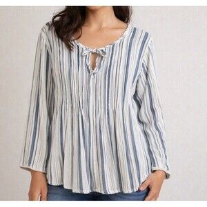 a.n.a. Striped Gauzy Peasant Blouse Women's L Boho Cottage core Baby doll